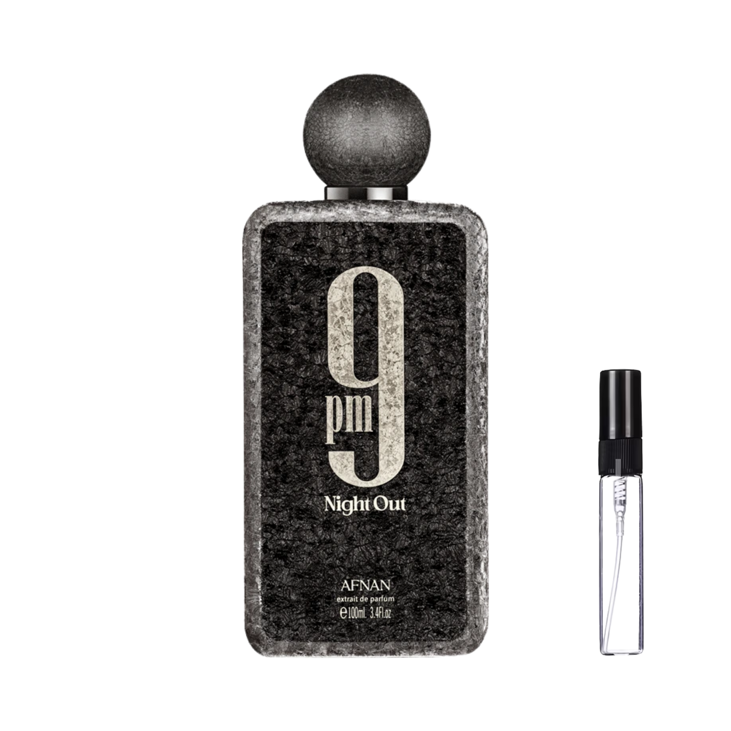 Ciemny flakon Afnan 9 PM Night Out obok szklanej fiolki odlewki perfum – ODVARO