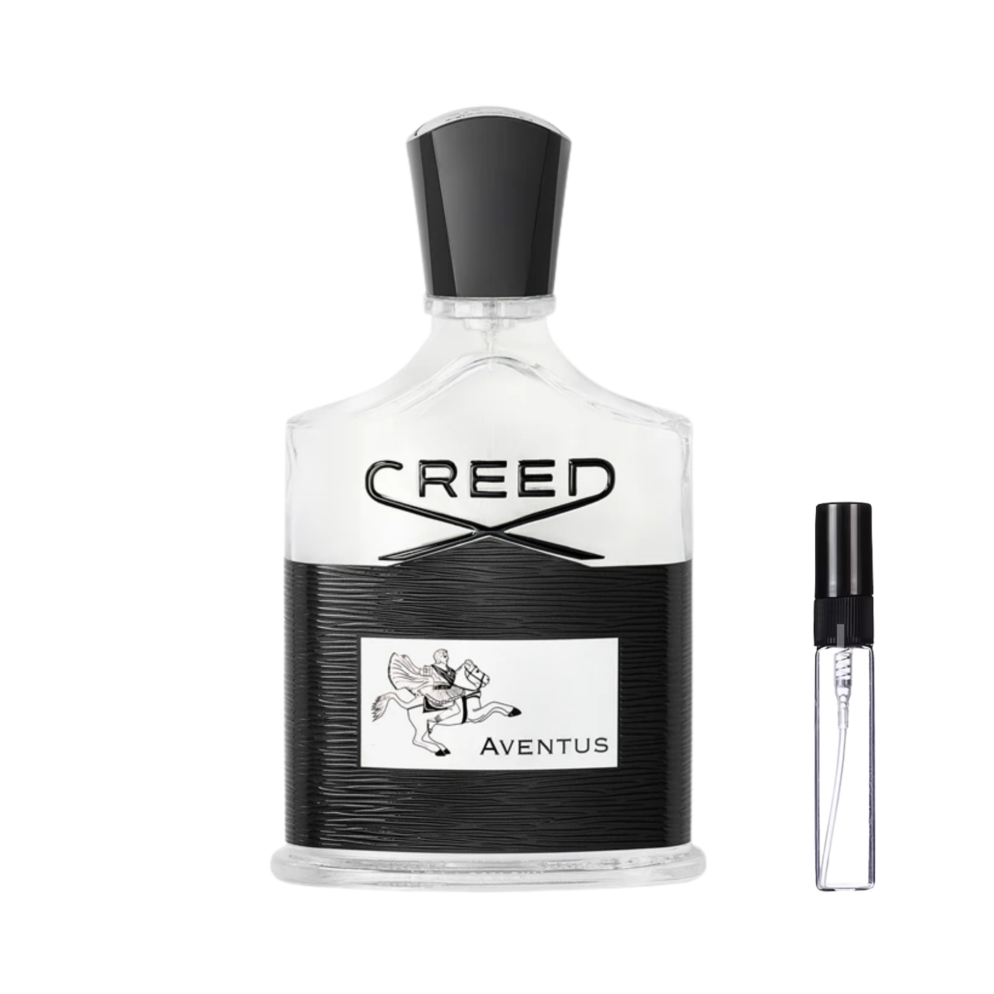 Luksusowy flakon Creed Aventus z czarną etykietą przedstawiającą jeźdźca na koniu obok szklanej fiolki odlewki perfum – ODVARO.
