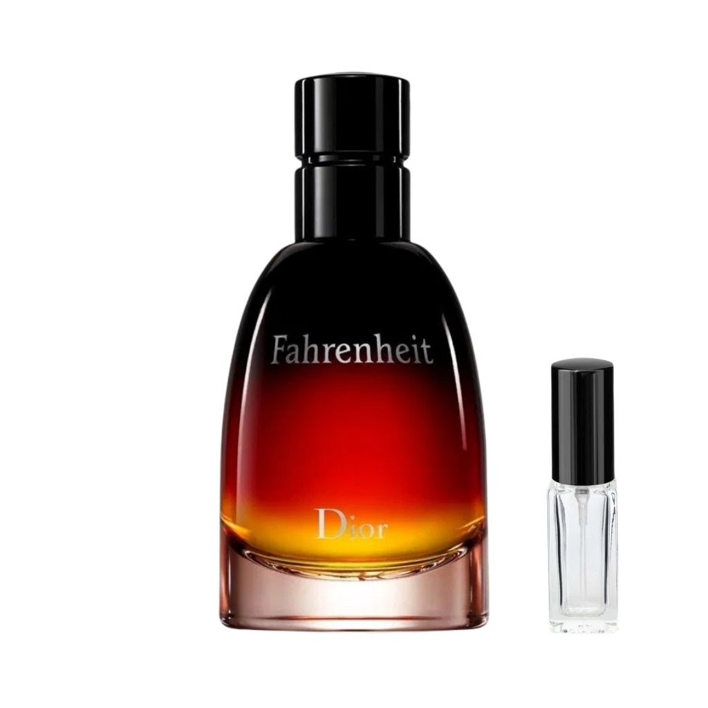 Szklany flakon męskich perfum Fahrenheit Le Parfum Dior z gradientem przechodzącym od czerni u góry, przez czerwień, aż po żółty u podstawy, z czarnym prążkowanym korkiem, a obok niego szklana fiolka odlewki – ODVARO.