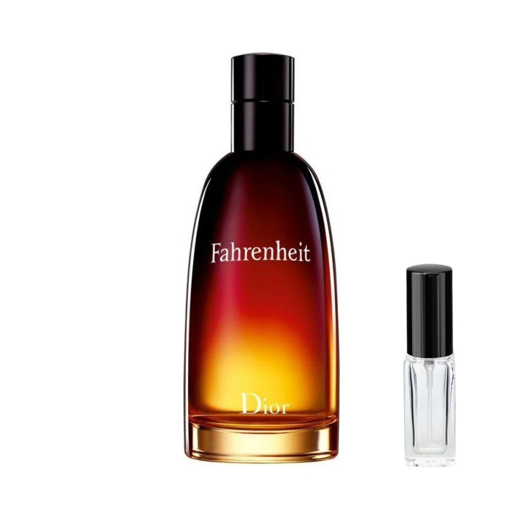 Zaokrąglony, zwężający się ku górze flakon perfum Dior Fahrenheit zwieńczony czarnym, cylindrycznym korkiem. Szkło charakteryzuje się unikalnym gradientem, który płynnie przechodzi od głębokiej czerni na górze, przez ognistą czerwień w środku, aż do świetlistego żółtego koloru przy samej podstawie. Na froncie butelki widnieje wyraźny, biały napis Fahrenheit, a na dole umieszczono subtelniejsze logo Dior. Obok znajduje się niewielka szklana fiolka stanowiąca odlewkę tego zapachu – ODVARO.