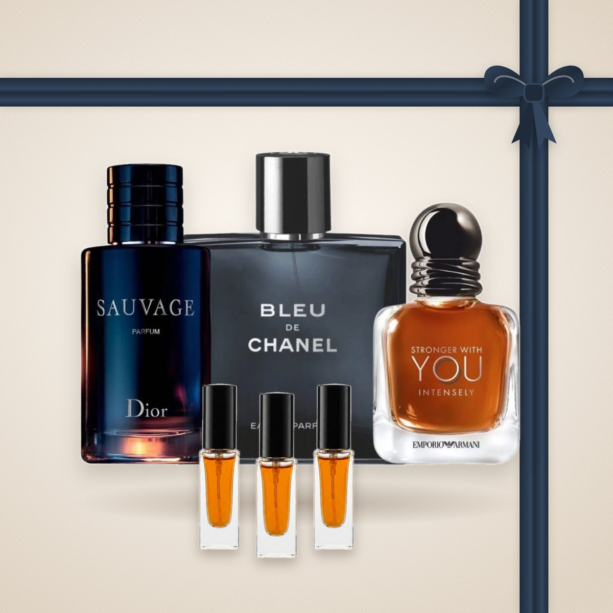 Zestaw odlewek perfum Dla Niego – Klasyka: Dior Sauvage Parfum, Bleu de Chanel, Stronger With You Intensely