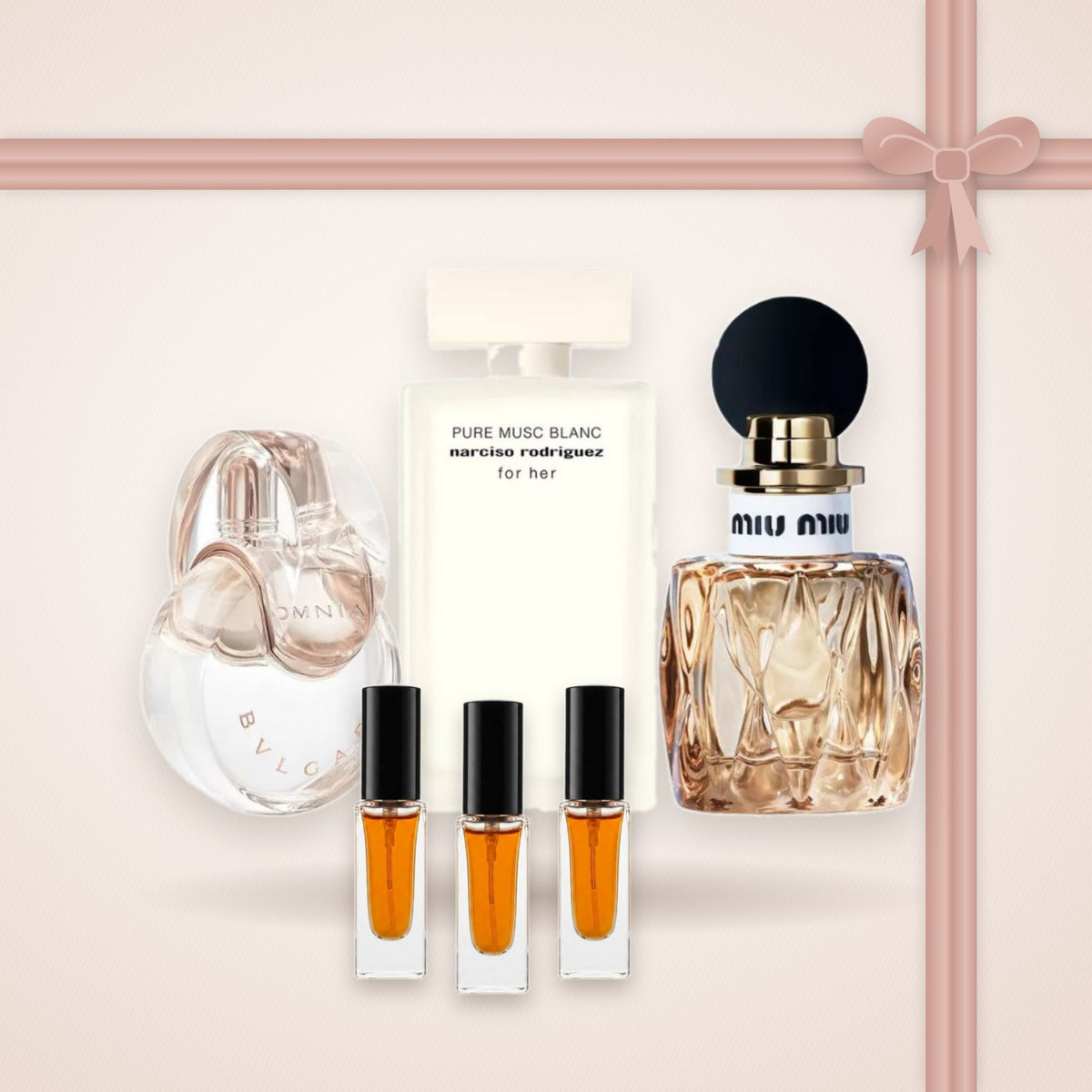 Zestaw odlewek perfum Dla Niej – Na co dzień: Bvlgari Omnia Crystalline, Miu Miu Miutine, Narciso Rodriguez Pure Musc Blanc