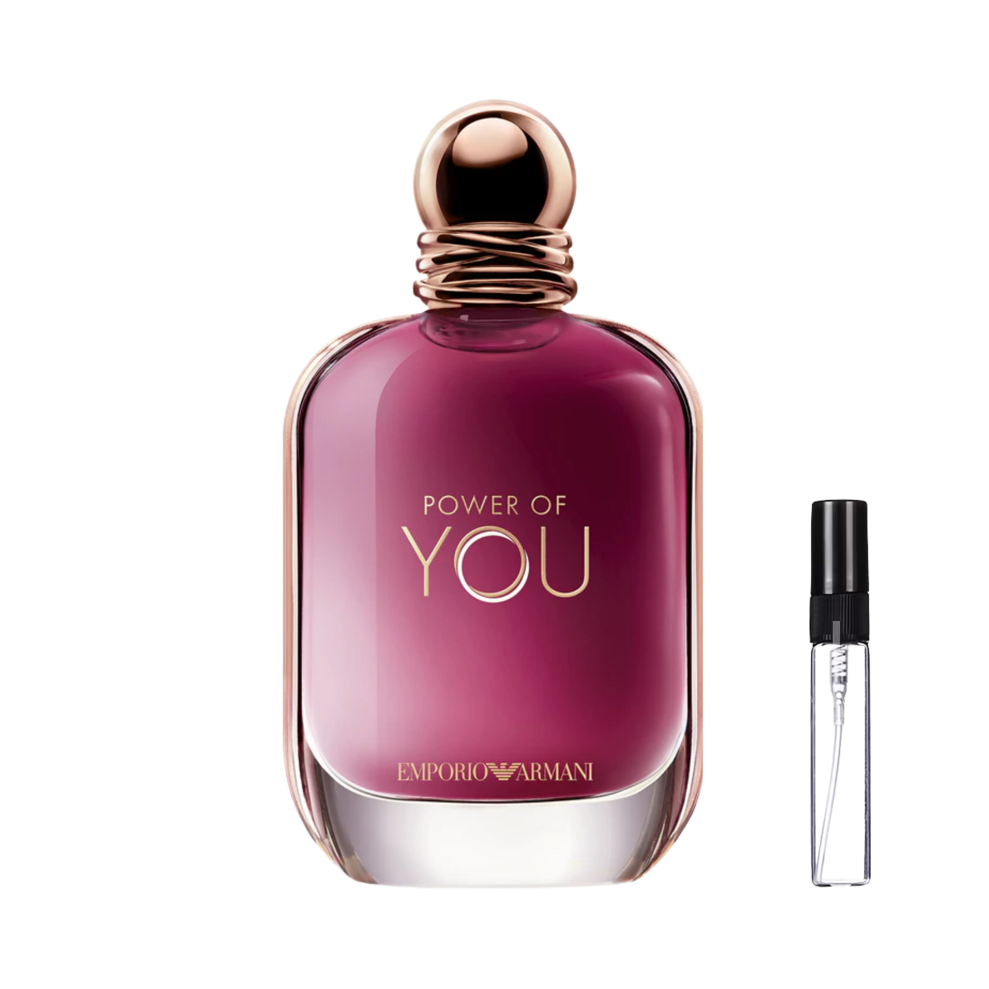Elegancki purpurowy flakon Emporio Armani Power of You obok szklanej fiolki odlewki perfum – ODVARO