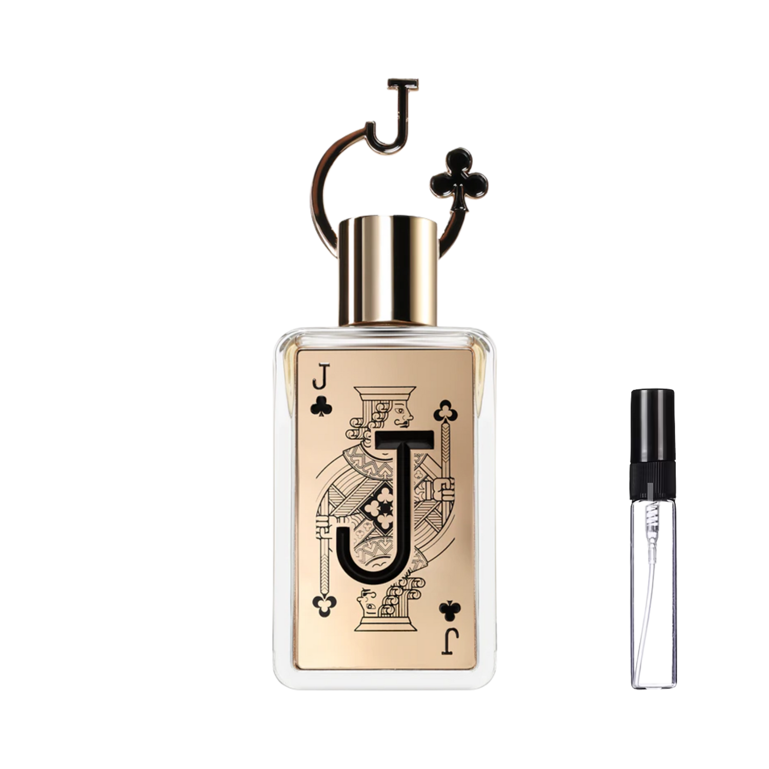 Złoty flakon Fragrance World Jack of Clubs z motywem karty Walet Trefl obok szklanej fiolki odlewki perfum – ODVARO