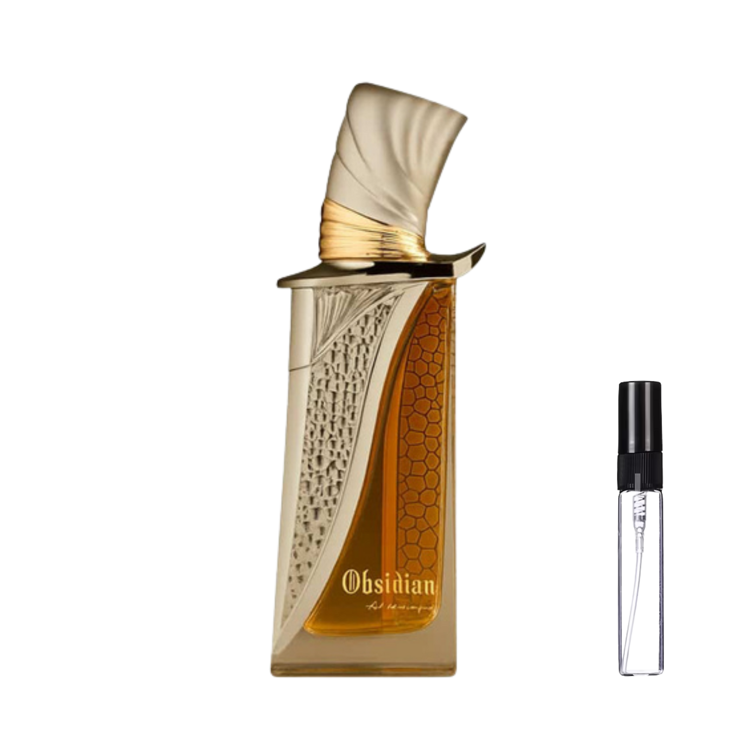 Ekskluzywny złoty flakon French Avenue Obsidian obok szklanej fiolki odlewki perfum – ODVARO.