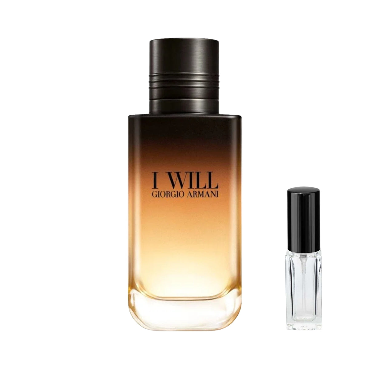 Masywny flakon perfum Giorgio Armani I Will z cieniowanym szkłem przechodzącym od czerni do ciepłego złota, z czarnym napisem i żłobionym, metalicznym korkiem, dostępny jako szklana fiolka odlewki – ODVARO