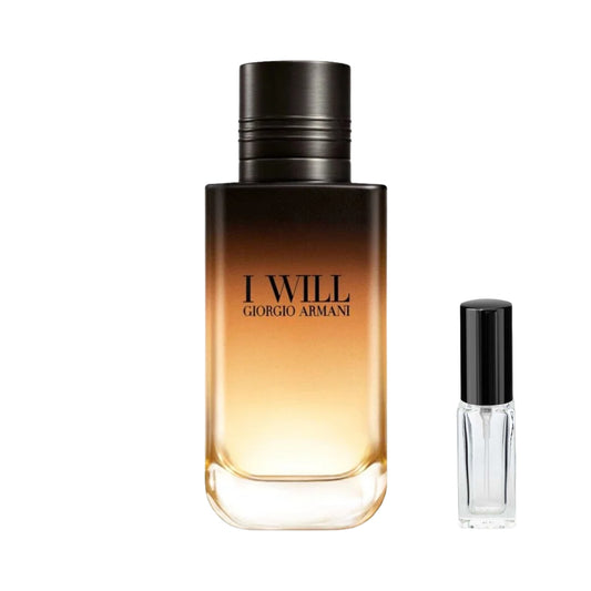 Masywny flakon perfum Giorgio Armani I Will z cieniowanym szkłem przechodzącym od czerni do ciepłego złota, z czarnym napisem i żłobionym, metalicznym korkiem, dostępny jako szklana fiolka odlewki – ODVARO