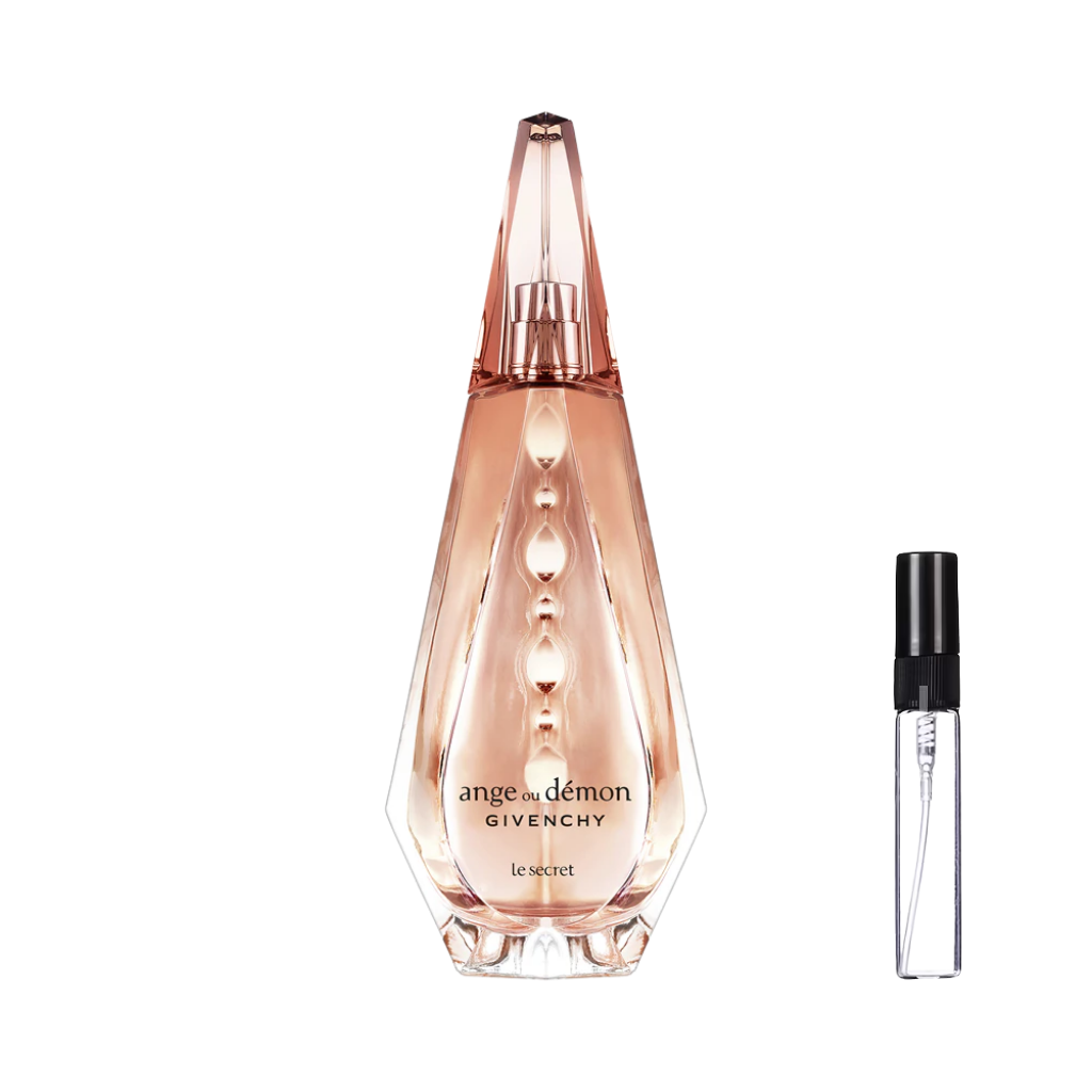 Fasetowany, kryształowy flakon Givenchy Ange Ou Demon Le Secret w kolorze brzoskwiniowym ze spiczastym korkiem oraz szklana fiolka odlewki na perfumy – ODVARO