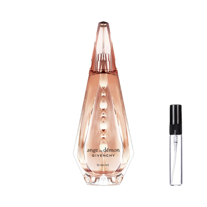 Fasetowany, kryształowy flakon Givenchy Ange Ou Demon Le Secret w kolorze brzoskwiniowym ze spiczastym korkiem oraz szklana fiolka odlewki na perfumy – ODVARO