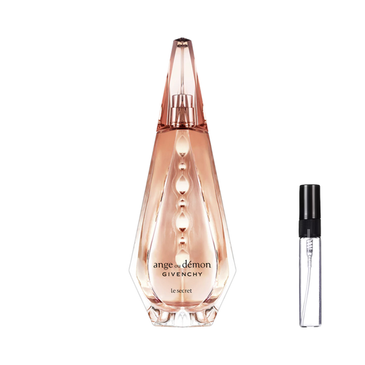 Fasetowany, kryształowy flakon Givenchy Ange Ou Demon Le Secret w kolorze brzoskwiniowym ze spiczastym korkiem oraz szklana fiolka odlewki na perfumy – ODVARO