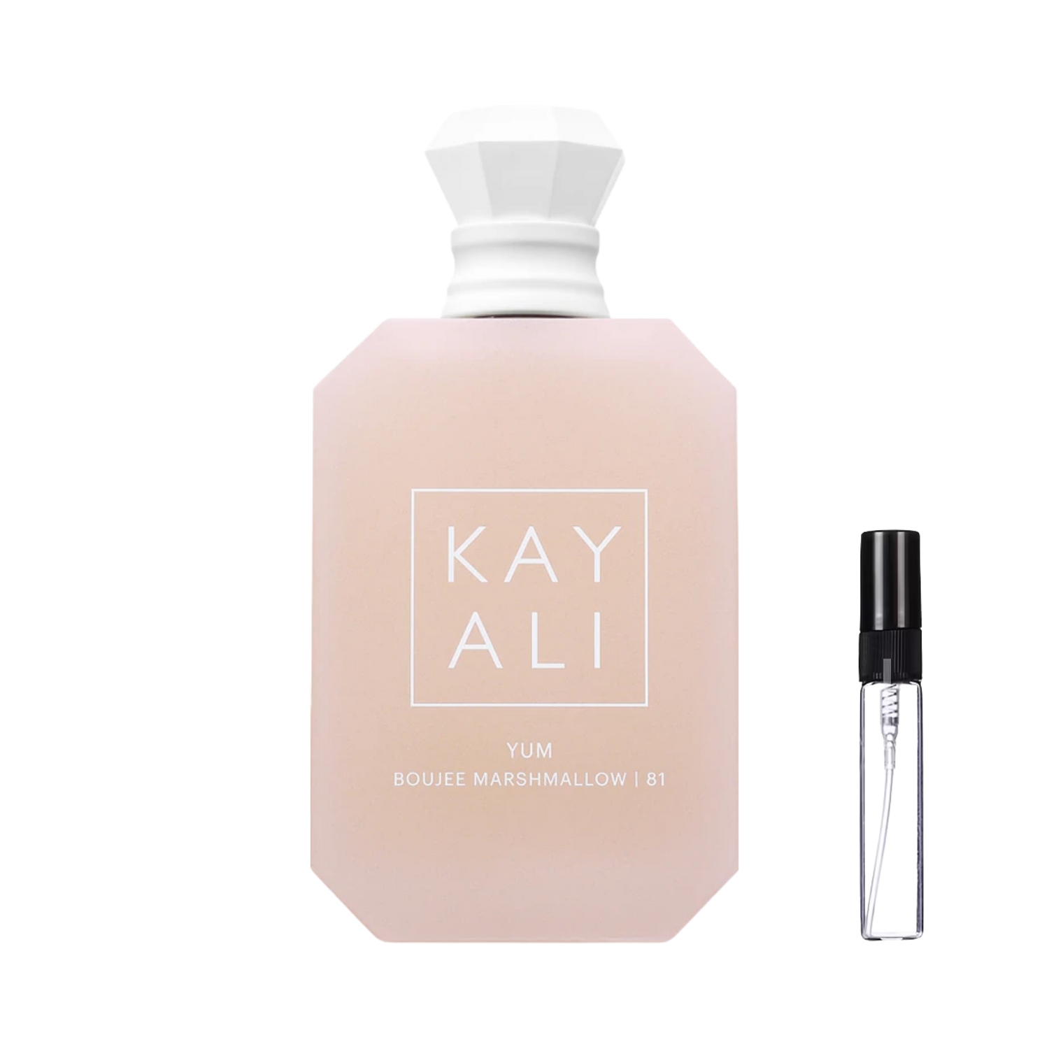 Pastelowy flakon Kayali Yum Boujee Marshmallow 81 obok szklanej fiolki z atomizerem – oryginalne odlewki perfum ODVARO.