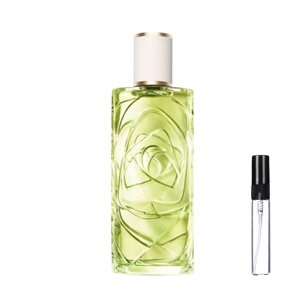 Smukły, prostokątny szklany flakon perfum Lancôme Ôff Now z jasnozielonym płynem, ozdobiony trójwymiarowym motywem róży widocznym przez szkło, z eleganckim białym korkiem ze złotą obwódką. W ofercie dostępna również poręczna szklana fiolka odlewki – ODVARO