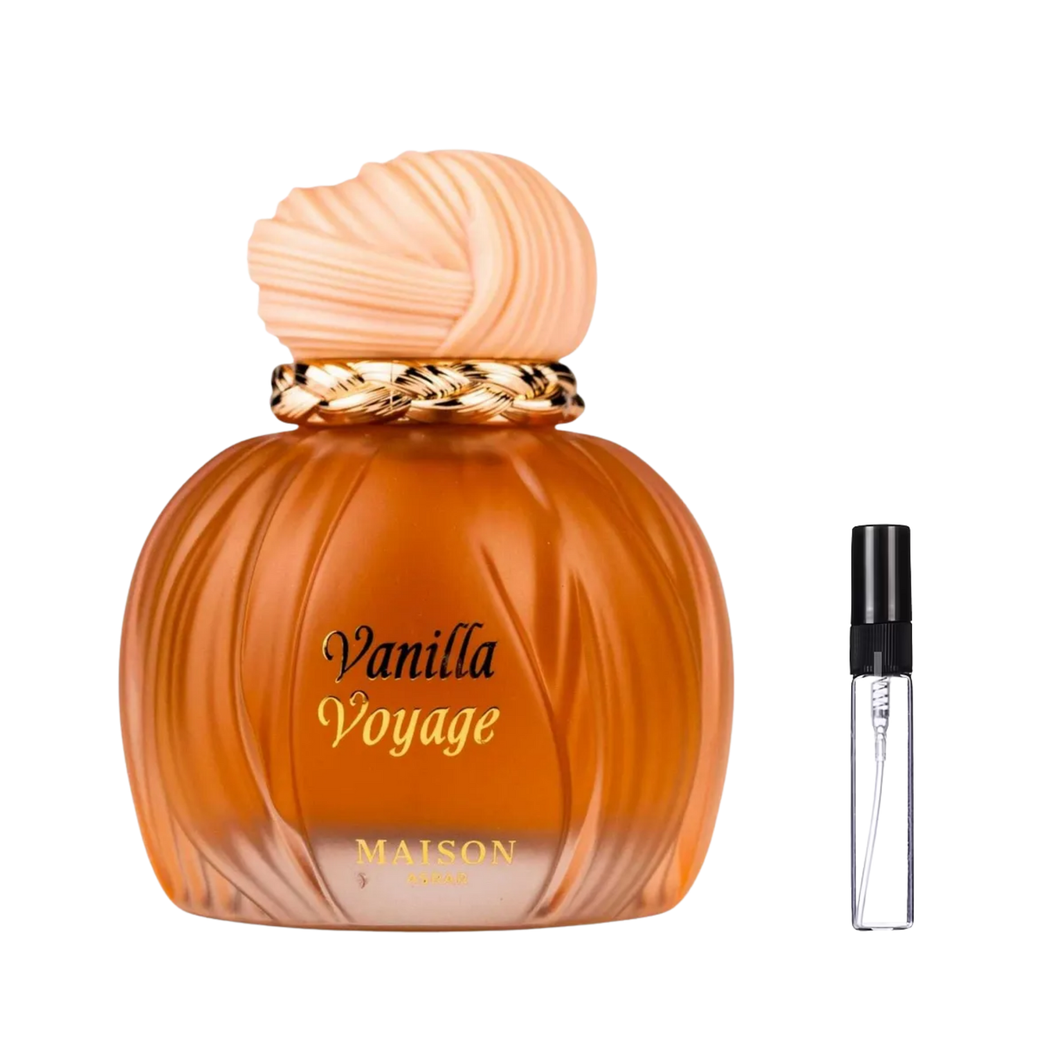 Elegancki bursztynowy flakon Maison Asrar Vanilla Voyage obok szklanej fiolki odlewki perfum – ODVAR