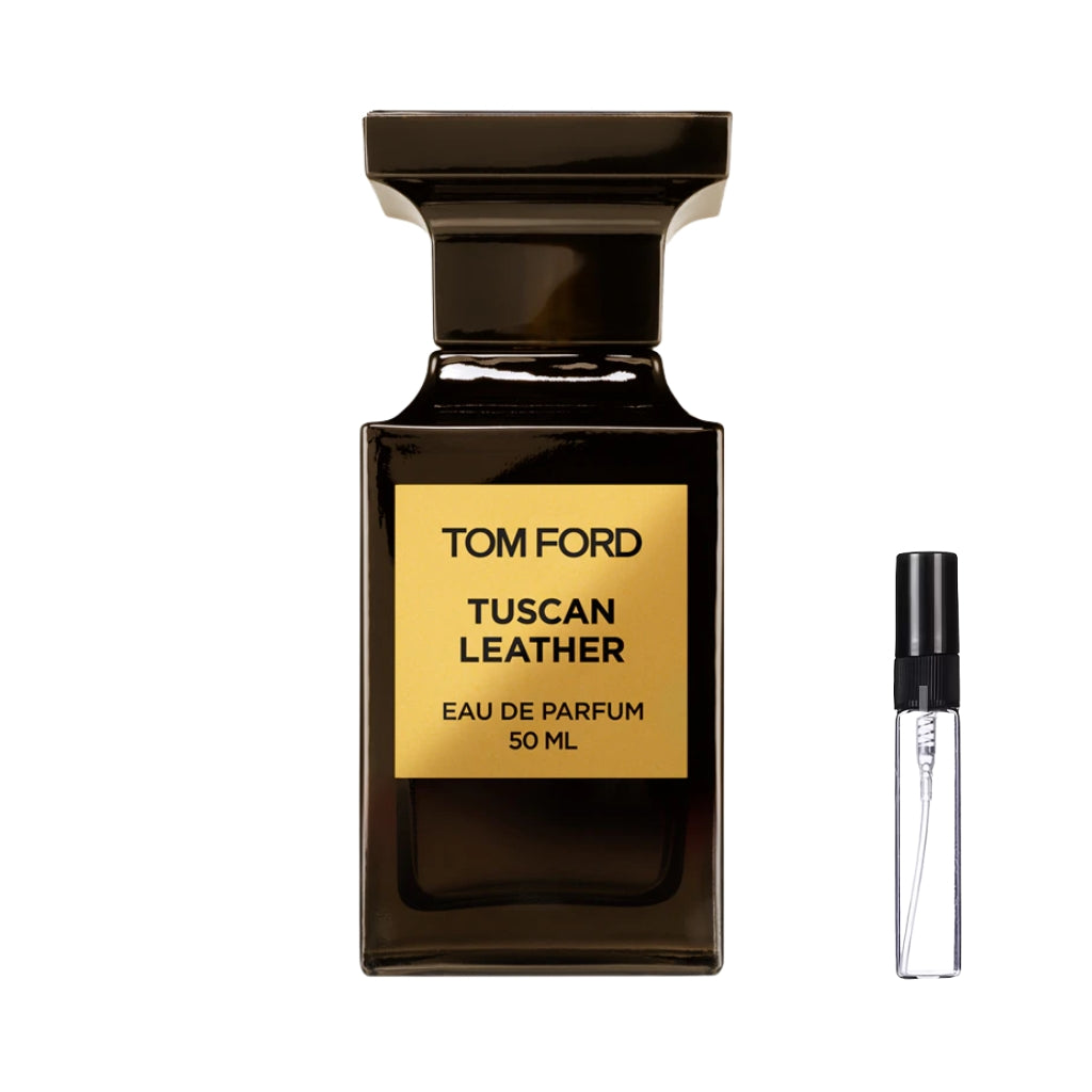 Elegancki, ciemnobrązowy flakon perfum Tom Ford Tuscan Leather ze złotą etykietą i masywnym korkiem oraz szklana fiolka odlewki – ODVARO.