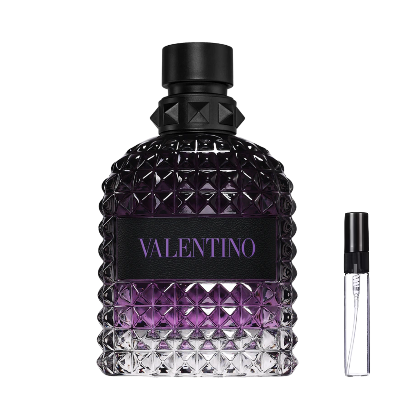 Mroczny purpurowy flakon Valentino Uomo Born in Roma Purple Melancholia obok szklanej fiolki odlewki perfum – ODVARO.