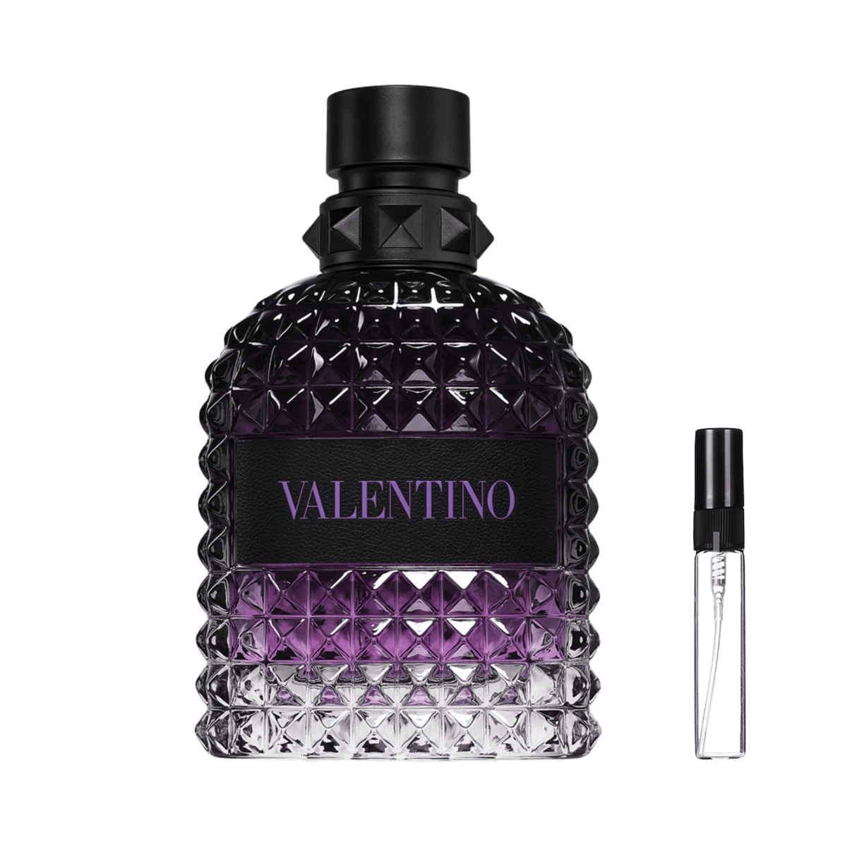 Mroczny purpurowy flakon Valentino Uomo Born in Roma Purple Melancholia obok szklanej fiolki odlewki perfum – ODVARO.