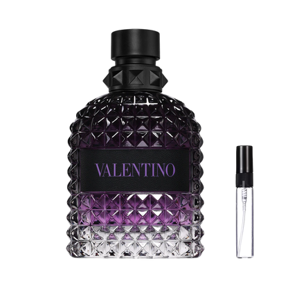 Mroczny purpurowy flakon Valentino Uomo Born in Roma Purple Melancholia obok szklanej fiolki odlewki perfum – ODVARO.