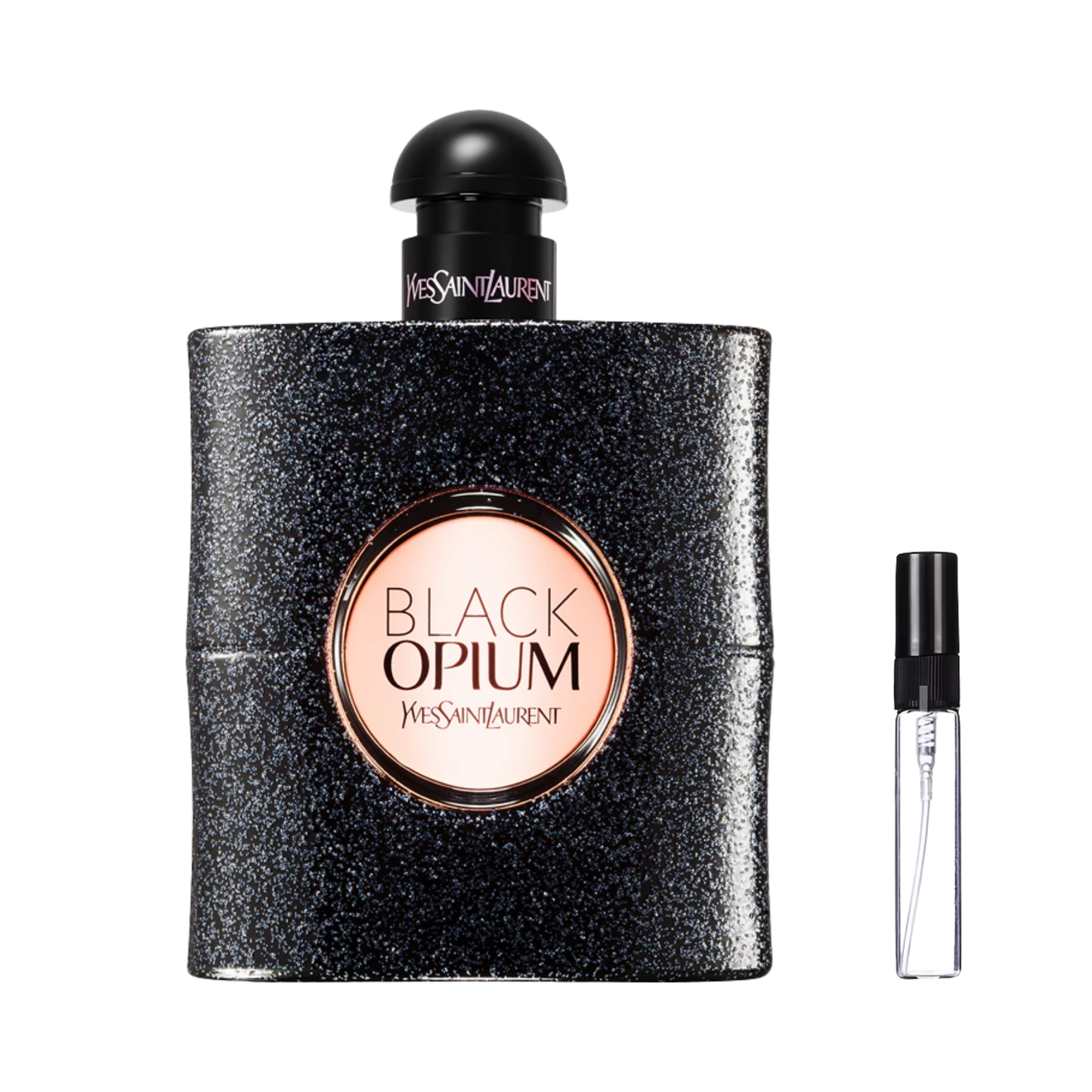 Czarny, brokatowy flakon Yves Saint Laurent Black Opium z różowym okienkiem obok szklanej fiolki odlewki perfum – ODVARO.