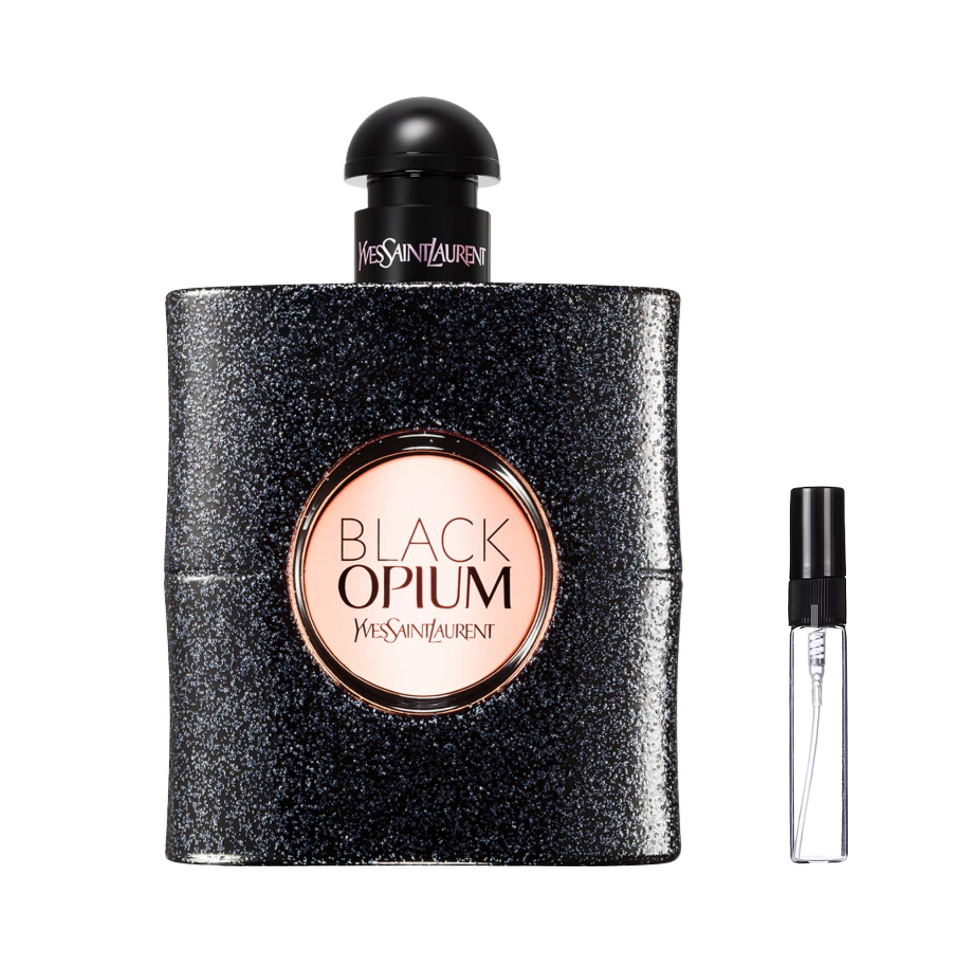Czarny, brokatowy flakon Yves Saint Laurent Black Opium z różowym okienkiem obok szklanej fiolki odlewki perfum – ODVARO.