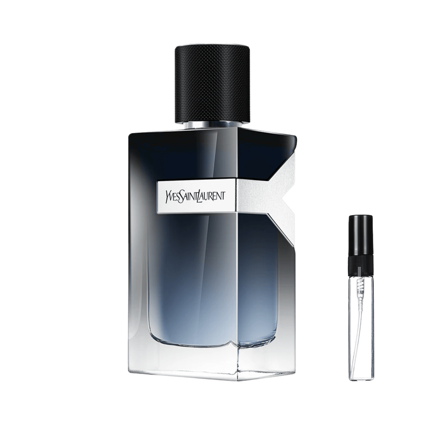 Gradientowy, niebiesko-czarny flakon Yves Saint Laurent Y Eau de Parfum z charakterystycznym wycięciem w kształcie litery Y obok szklanej fiolki odlewki perfum – ODVARO.